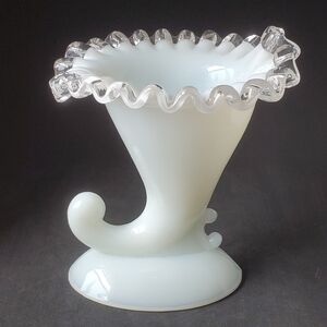 Vtg Fenton Milk Glass Cornucopia Silver Crest Vase Candleholder White & Clear